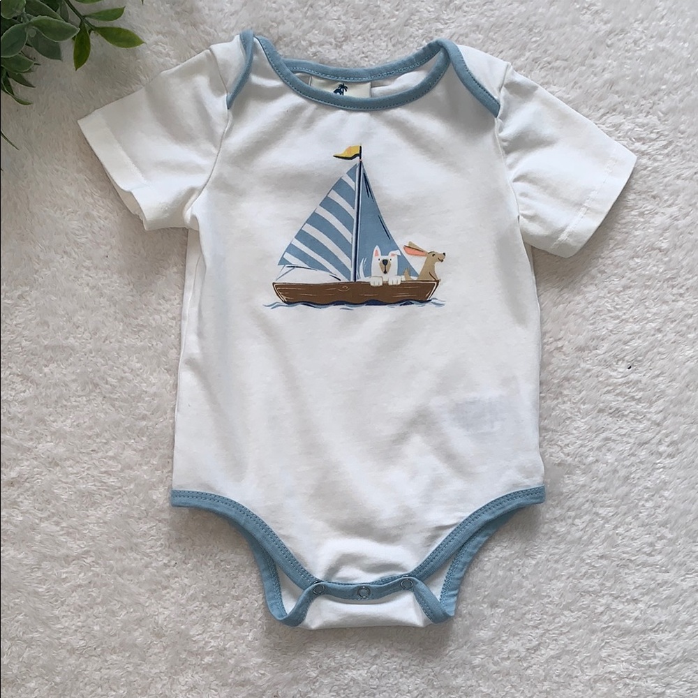Caribbean Joe Blue & White Nautical Sailboat One Piece Onesie 6-9M EUC
